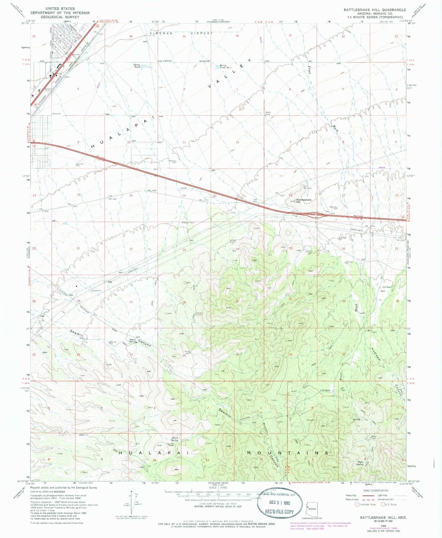 Classic USGS Rattlesnake Hill Arizona 7.5'x7.5' Topo Map Image
