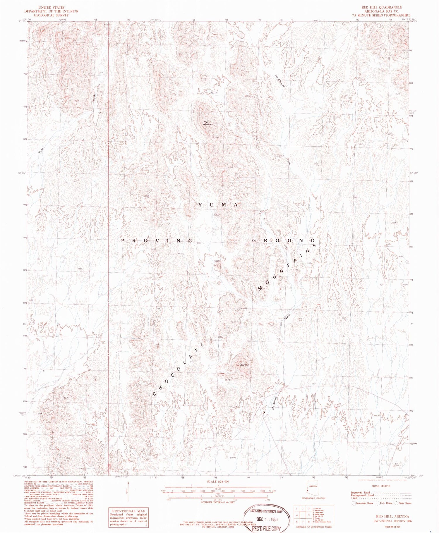 Classic USGS Red Hill Arizona 7.5'x7.5' Topo Map Image
