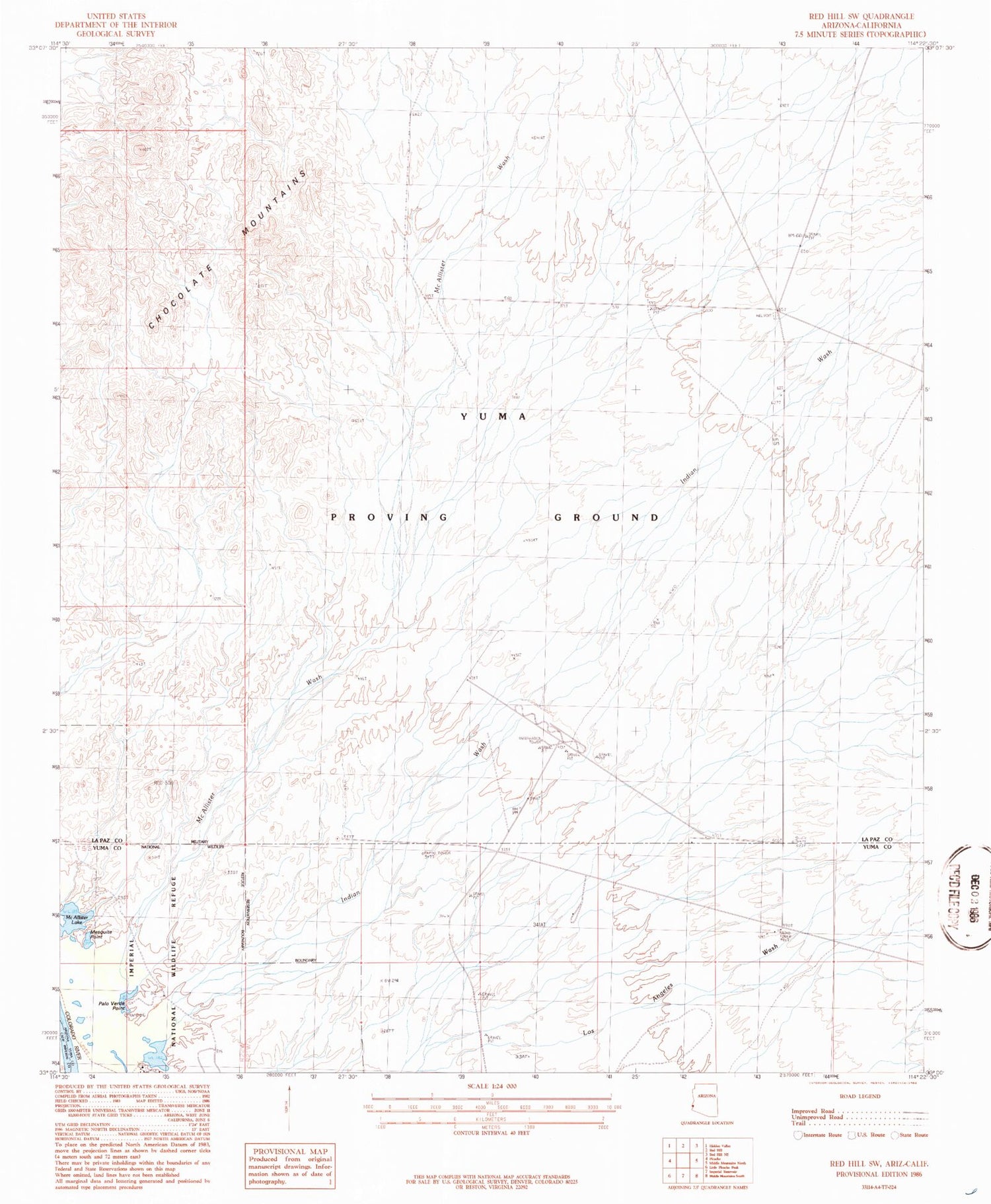Classic USGS Red Hill SW Arizona 7.5'x7.5' Topo Map Image
