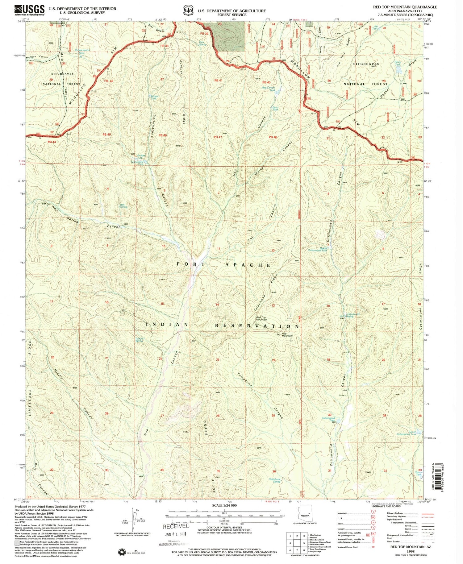 Classic USGS Red Top Mountain Arizona 7.5'x7.5' Topo Map Image