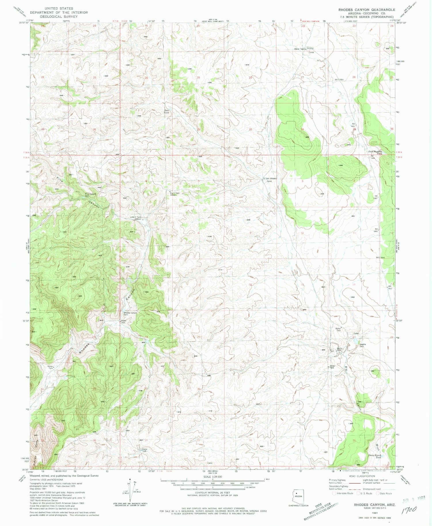 Classic USGS Rhodes Canyon Arizona 7.5'x7.5' Topo Map Image