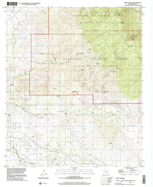 Classic USGS Rincon Peak Arizona 7.5'x7.5' Topo Map Image