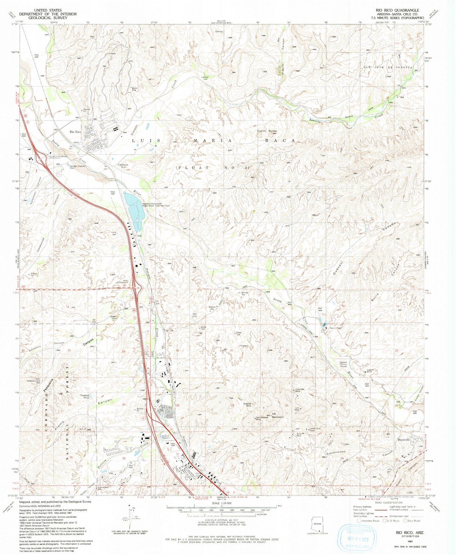 Classic USGS Rio Rico Arizona 7.5'x7.5' Topo Map Image