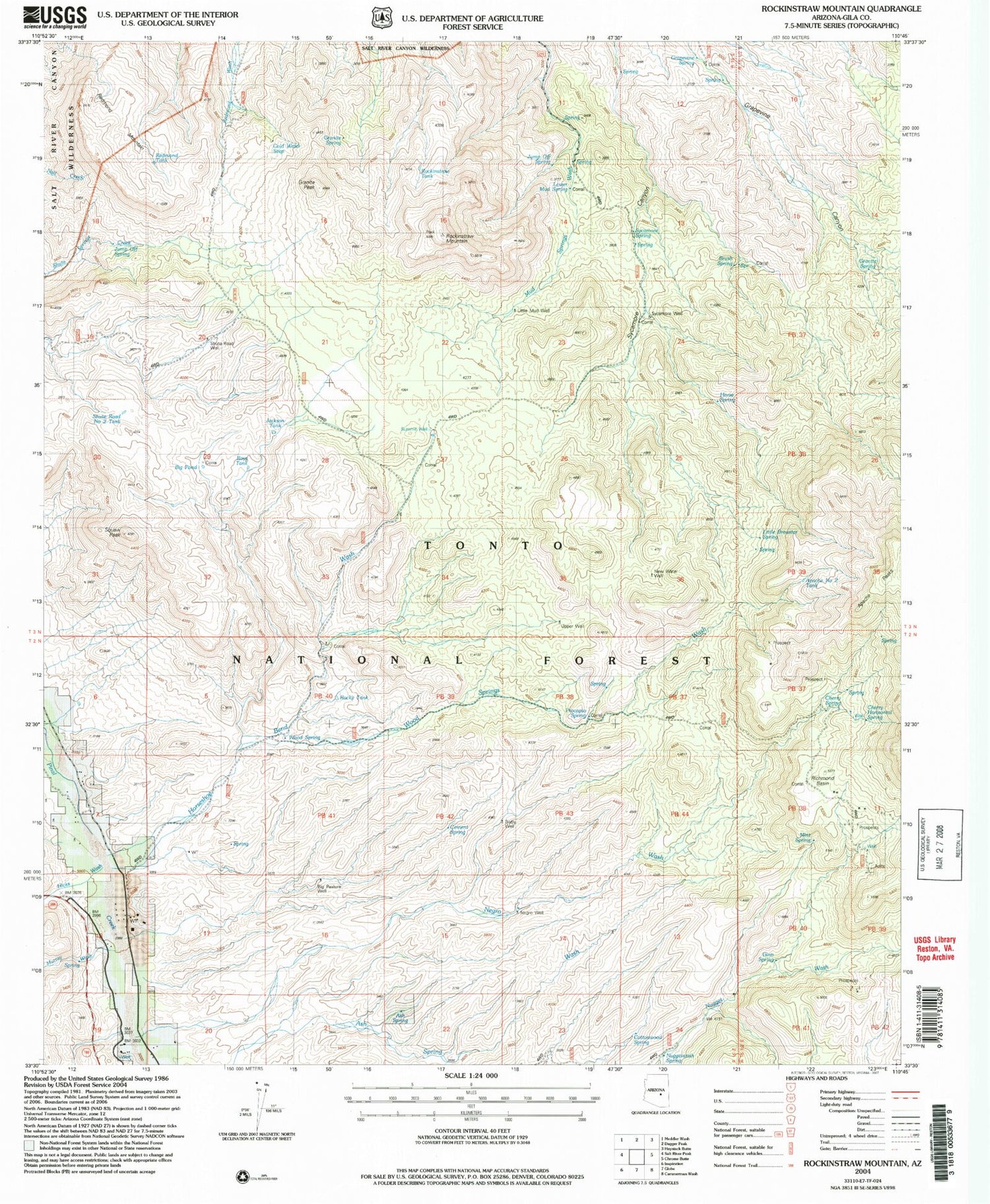 Classic USGS Rockinstraw Mountain Arizona 7.5'x7.5' Topo Map Image