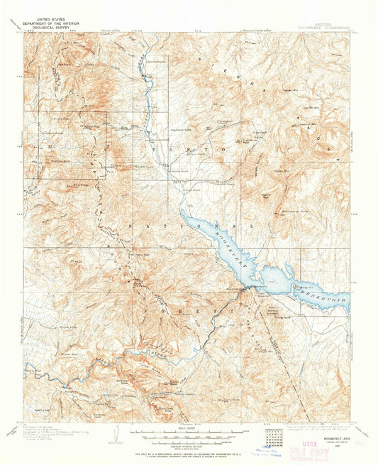 Historic 1907 Roosevelt Arizona 30'x30' Topo Map Image