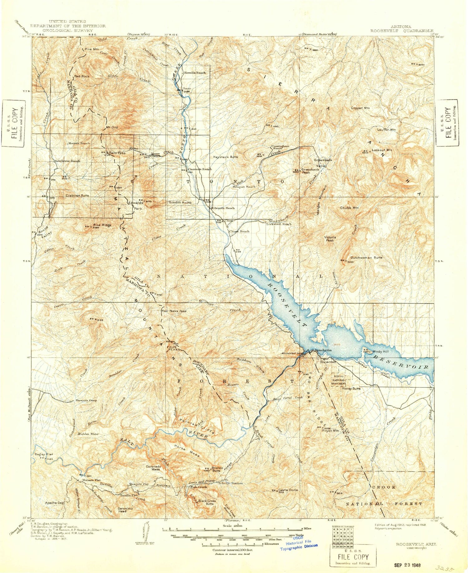 Historic 1912 Roosevelt Arizona 30'x30' Topo Map Image