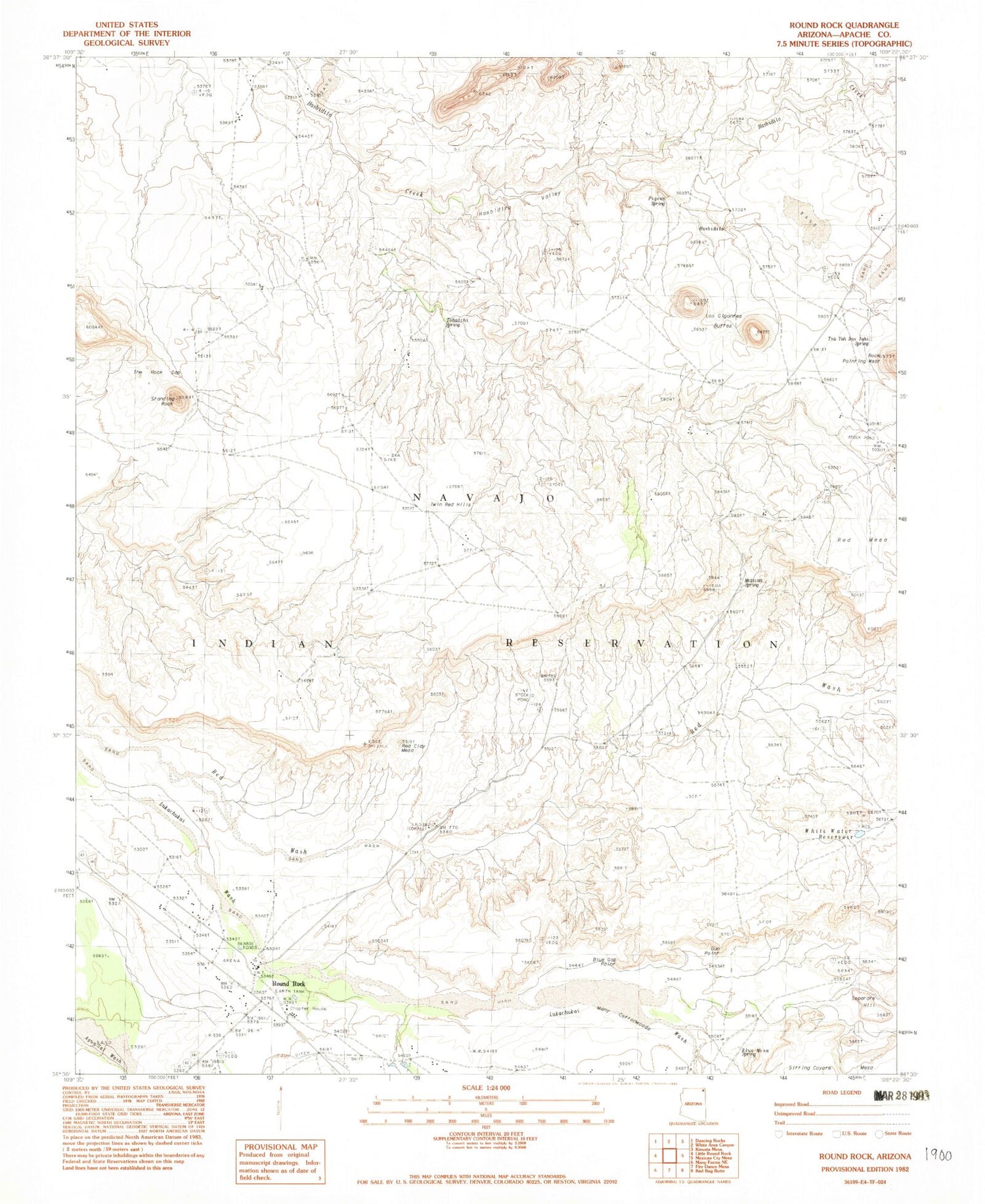 Classic USGS Round Rock Arizona 7.5'x7.5' Topo Map Image