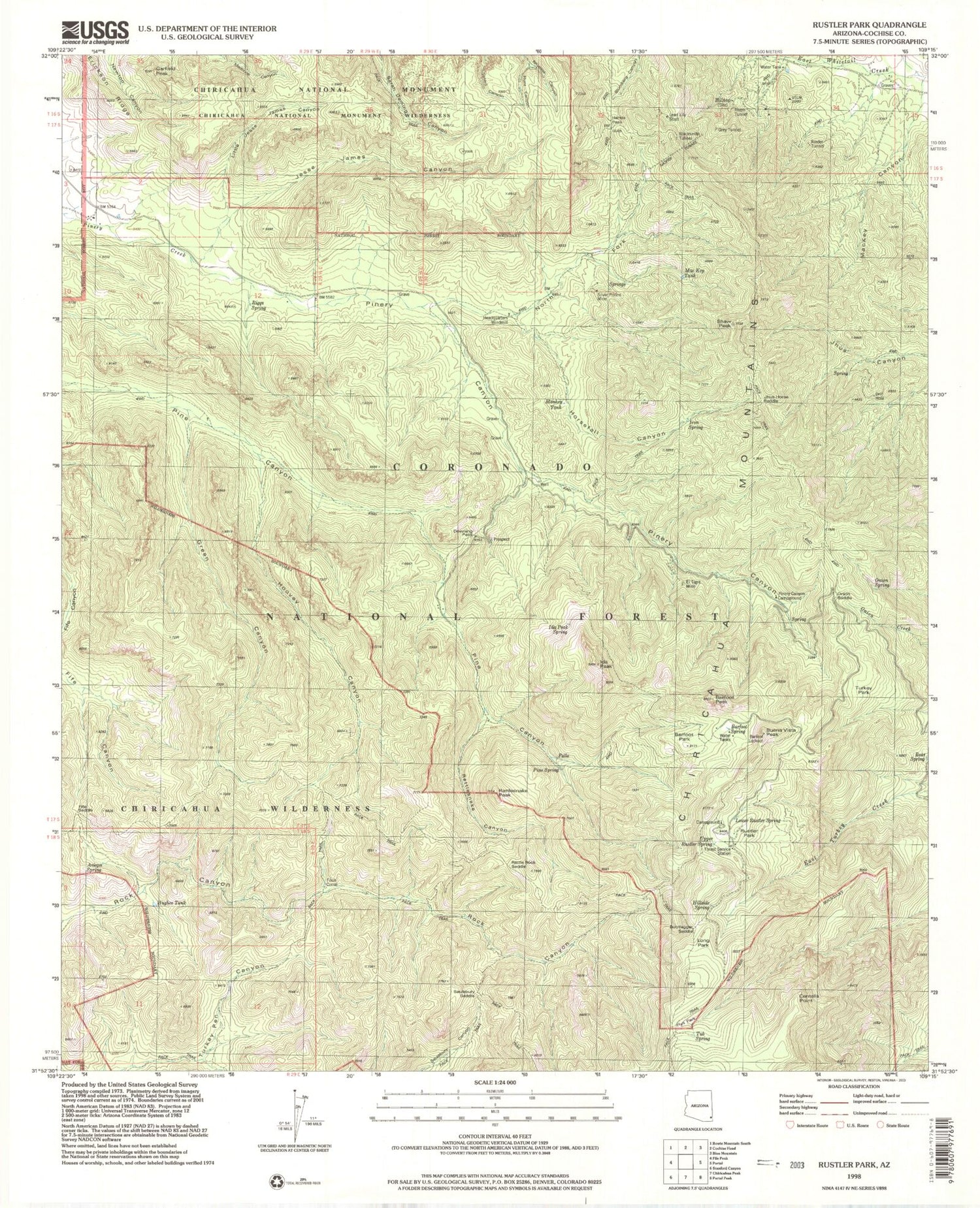 Classic USGS Rustler Park Arizona 7.5'x7.5' Topo Map Image