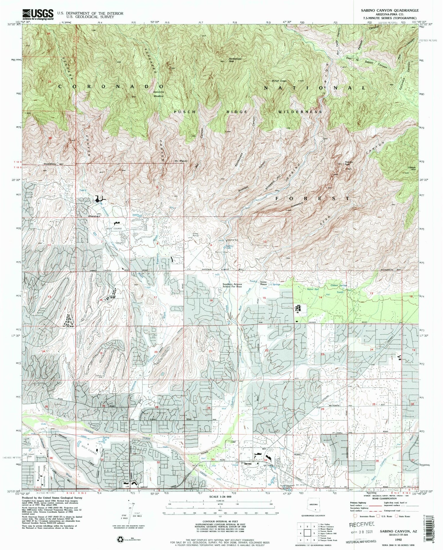 Classic USGS Sabino Canyon Arizona 7.5'x7.5' Topo Map Image