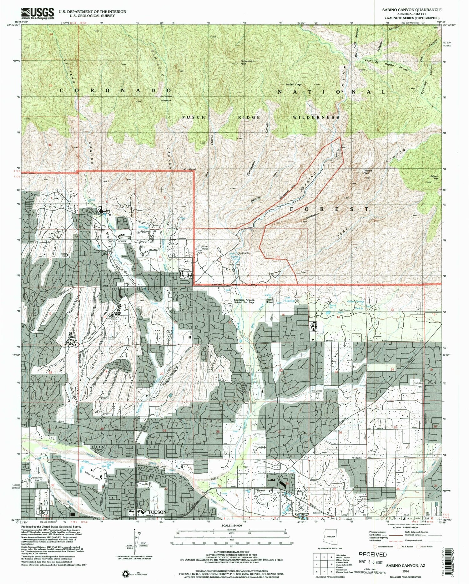 Classic USGS Sabino Canyon Arizona 7.5'x7.5' Topo Map Image