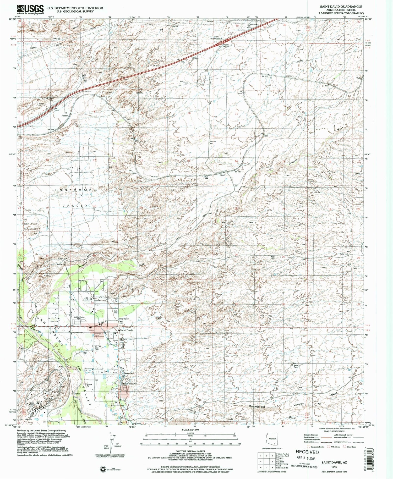 Classic USGS Saint David Arizona 7.5'x7.5' Topo Map Image