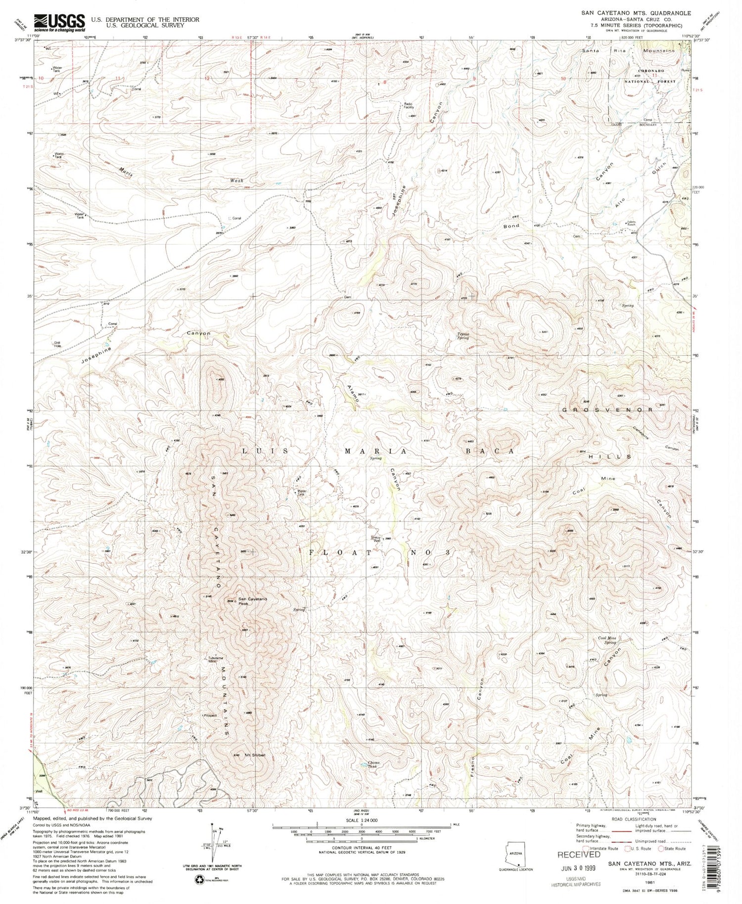 Classic USGS San Cayetano Mountains Arizona 7.5'x7.5' Topo Map Image