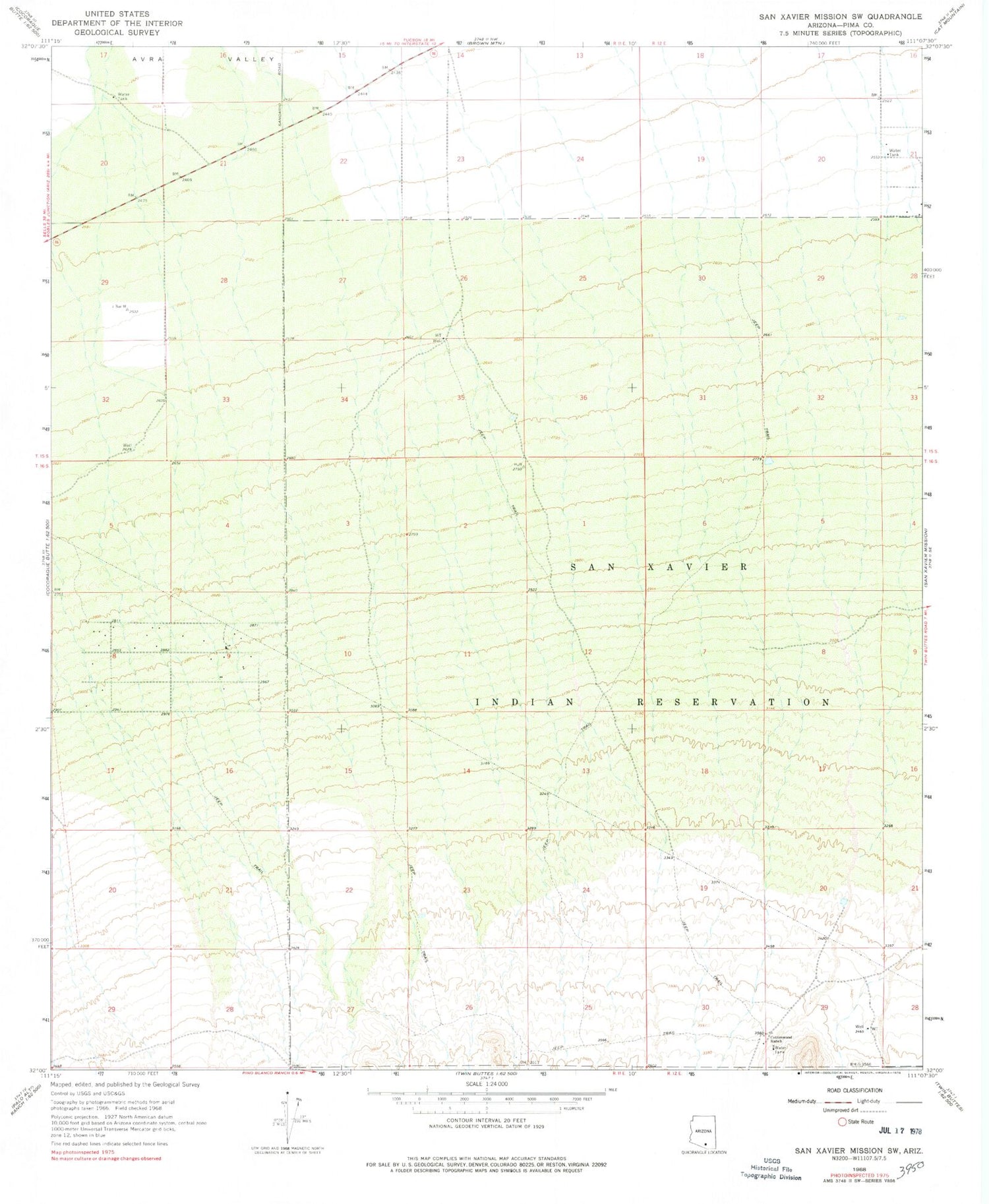 Classic USGS San Xavier Mission SW Arizona 7.5'x7.5' Topo Map Image
