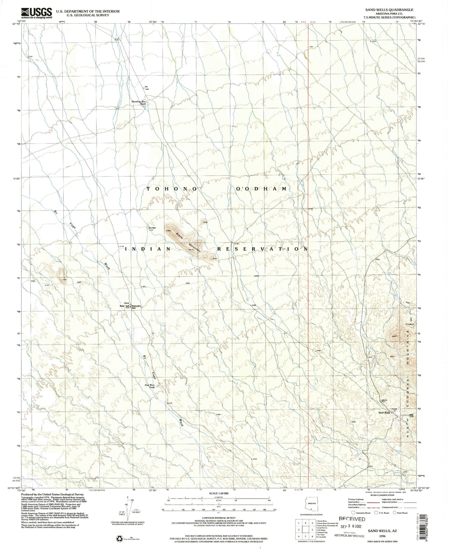 Classic USGS Sand Wells Arizona 7.5'x7.5' Topo Map Image