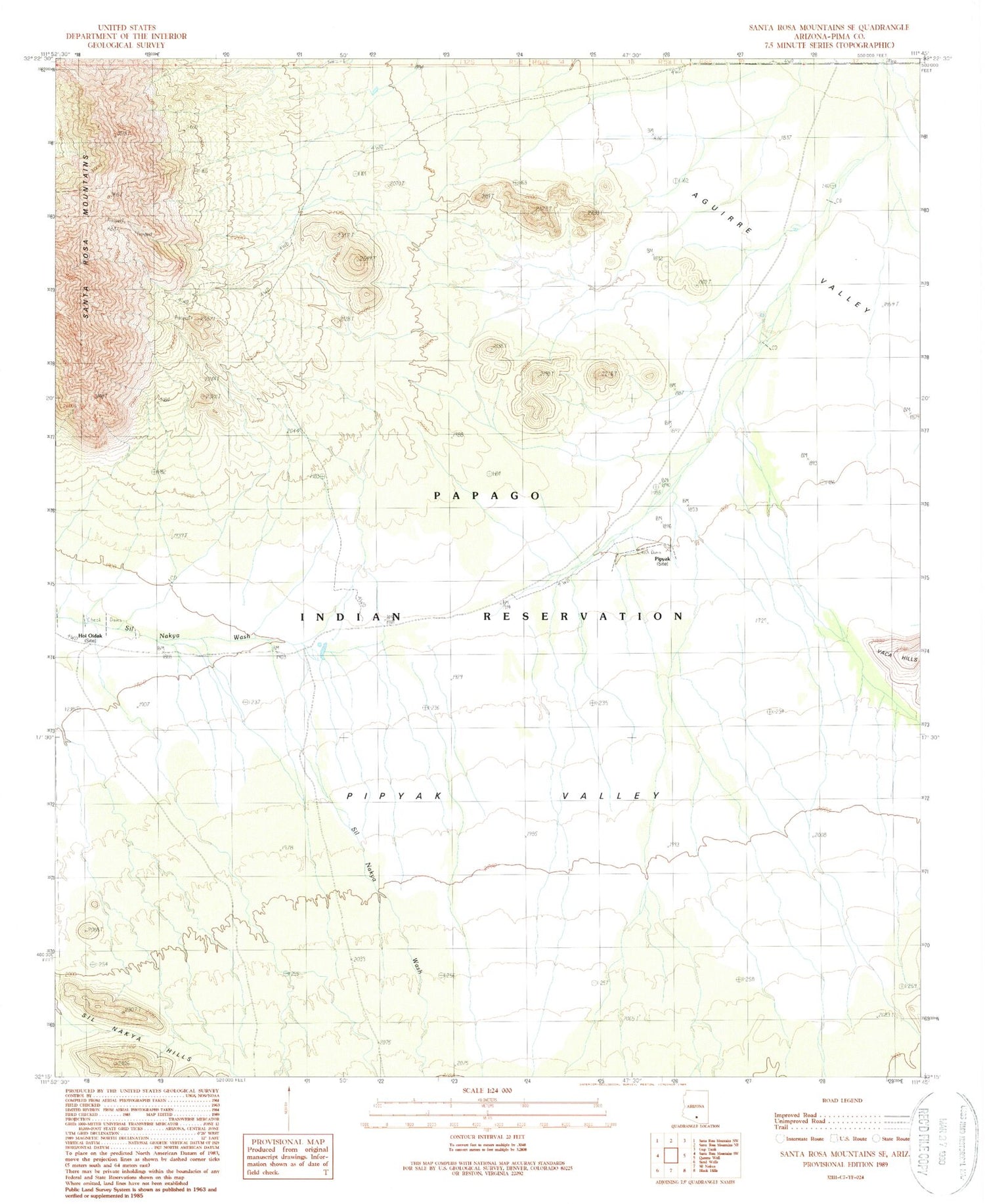 Classic USGS Santa Rosa Mountains SE Arizona 7.5'x7.5' Topo Map Image