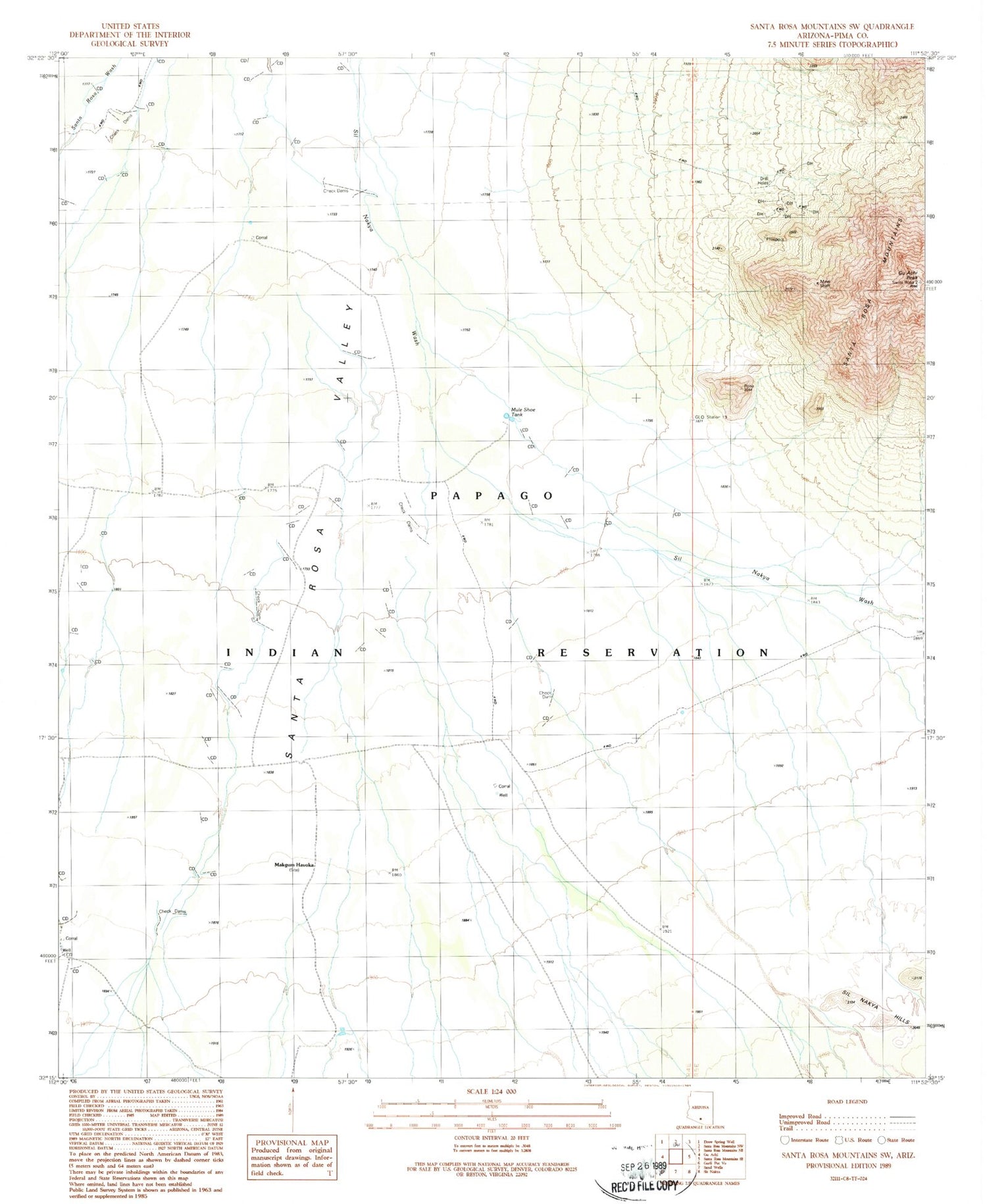 Classic USGS Santa Rosa Mountains SW Arizona 7.5'x7.5' Topo Map Image