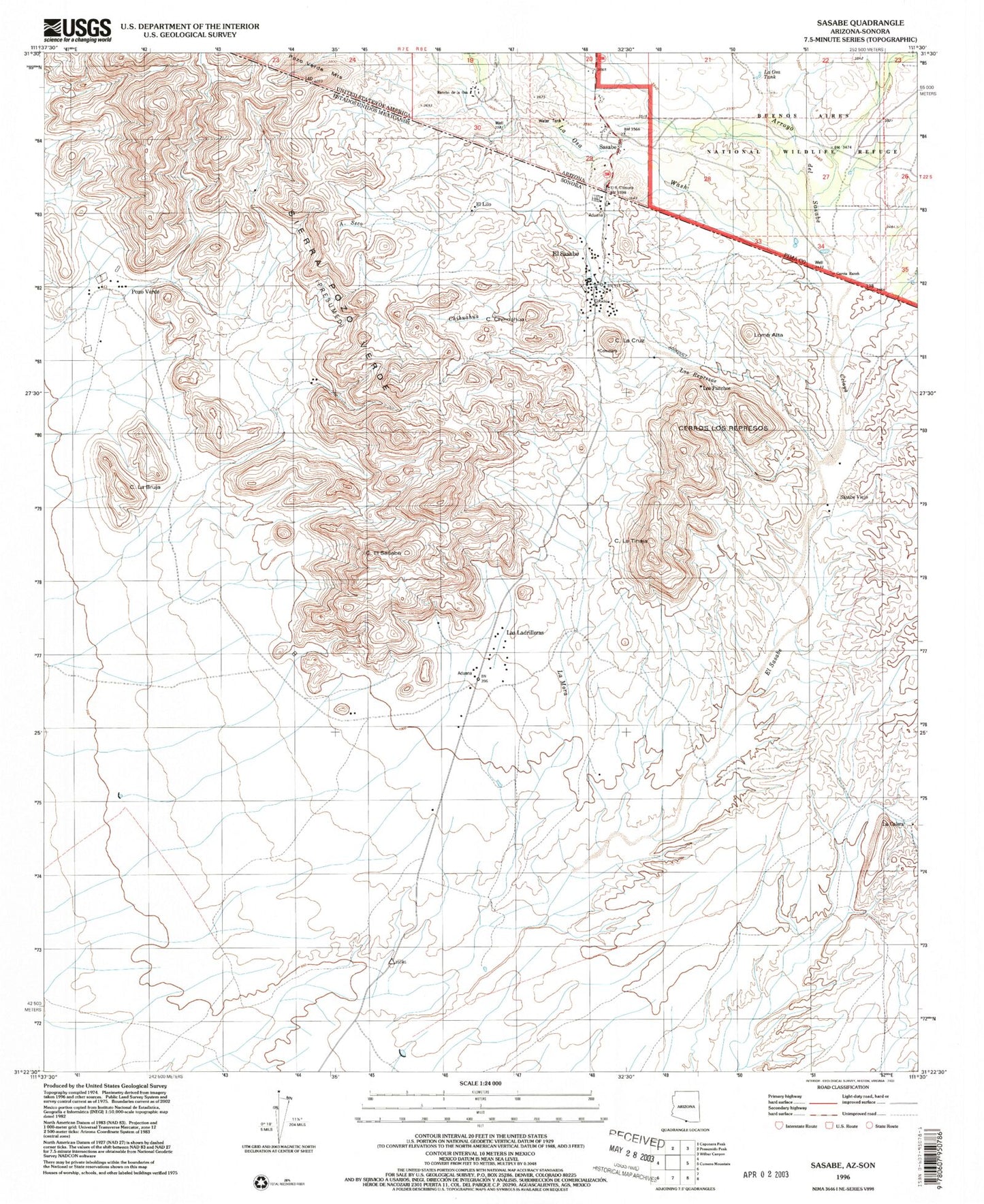 Classic USGS Sasabe Arizona 7.5'x7.5' Topo Map Image