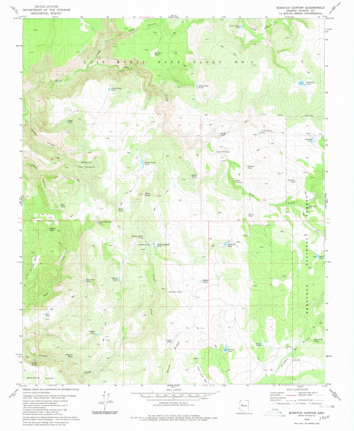 Classic USGS Scratch Canyon Arizona 7.5'x7.5' Topo Map Image