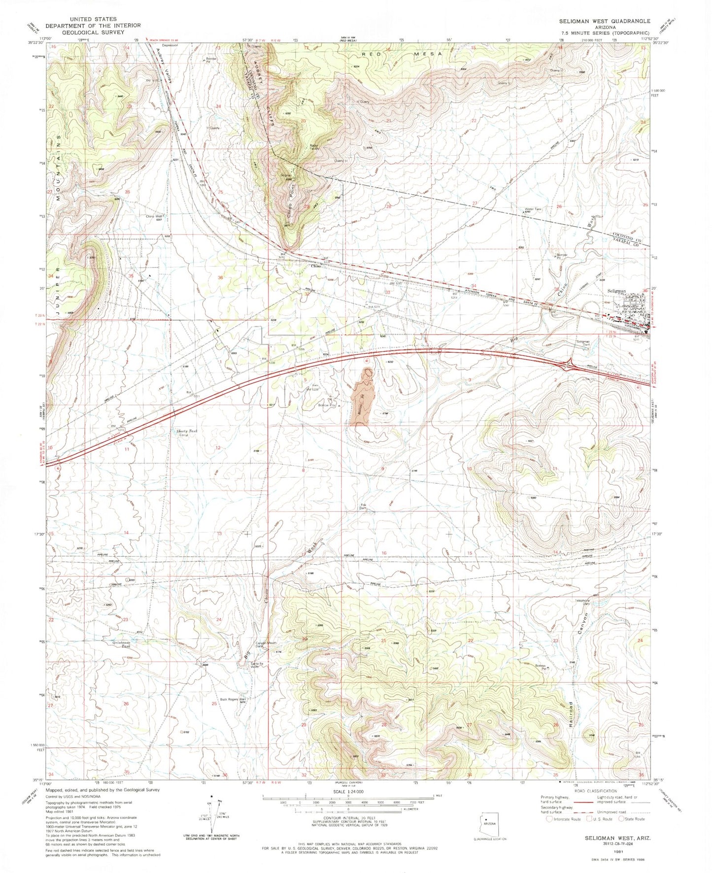 Classic USGS Seligman West Arizona 7.5'x7.5' Topo Map Image