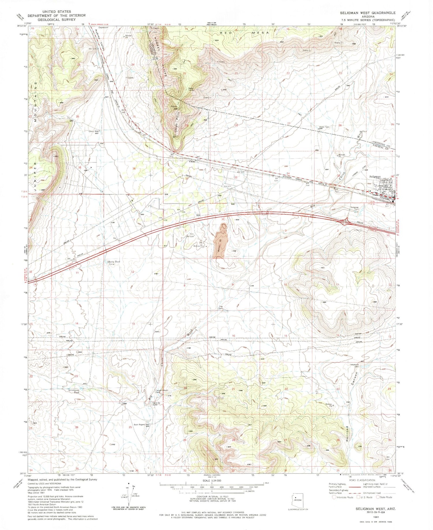 Classic USGS Seligman West Arizona 7.5'x7.5' Topo Map Image