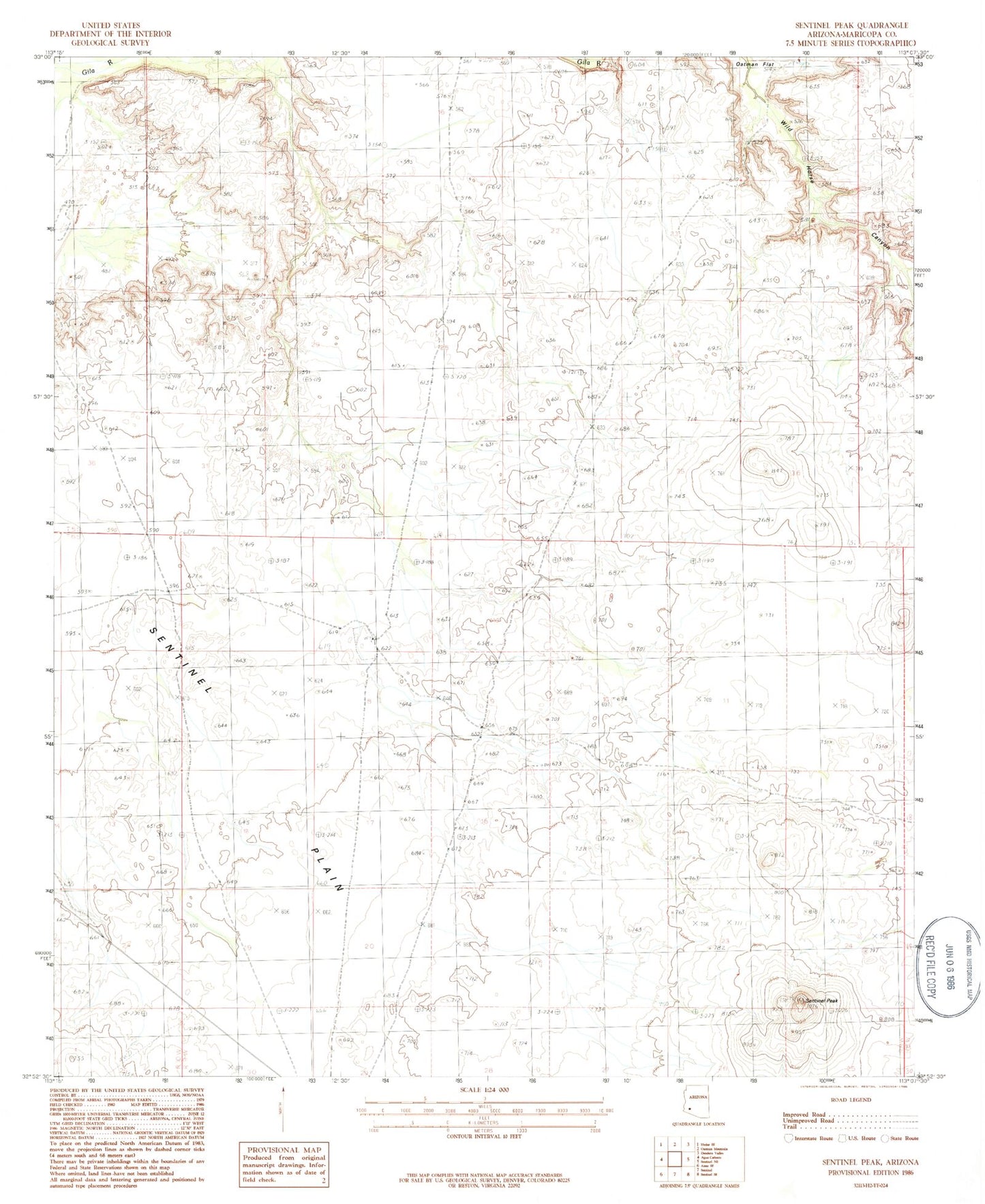 Classic USGS Sentinel Peak Arizona 7.5'x7.5' Topo Map Image