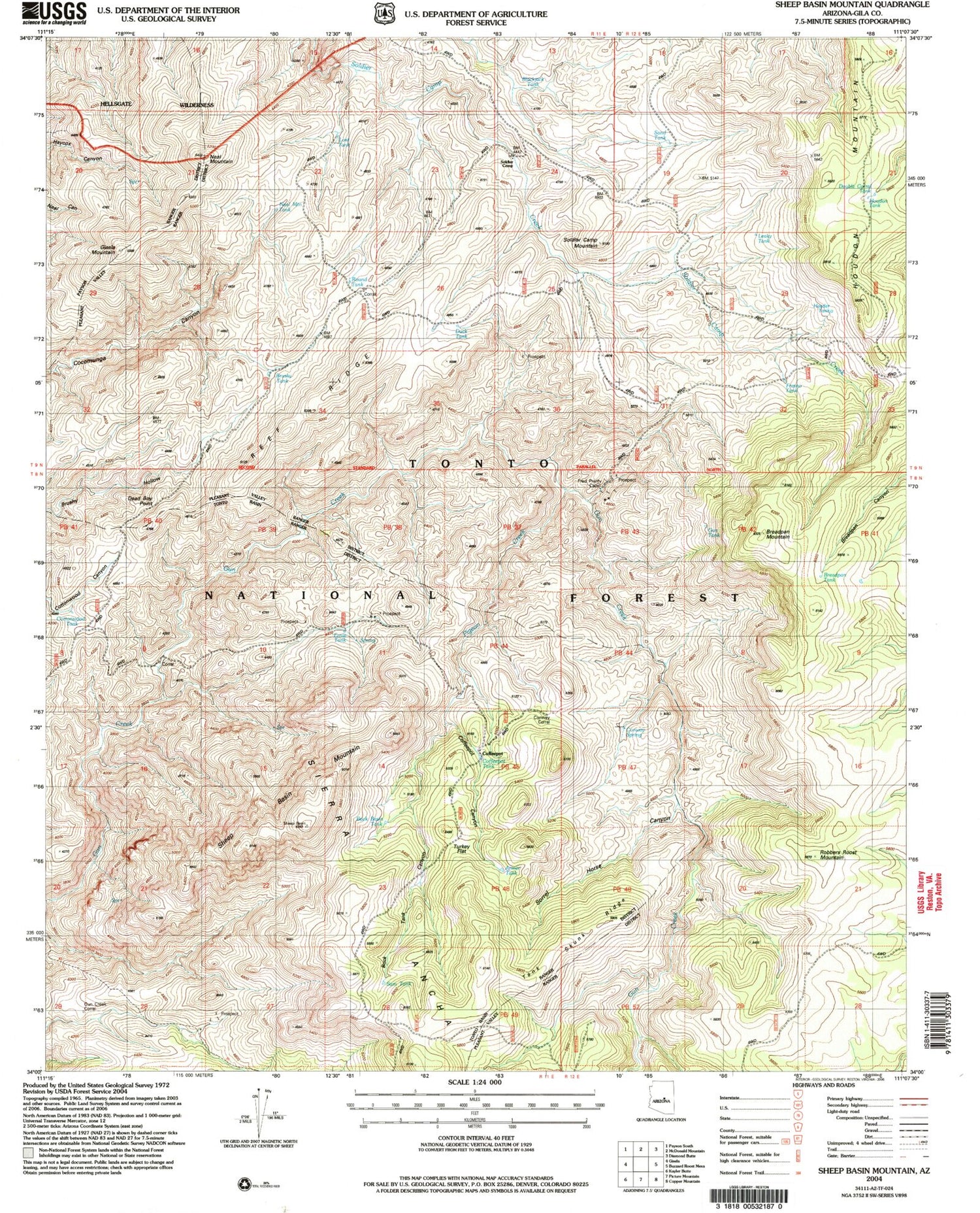 Classic USGS Sheep Basin Mountain Arizona 7.5'x7.5' Topo Map Image