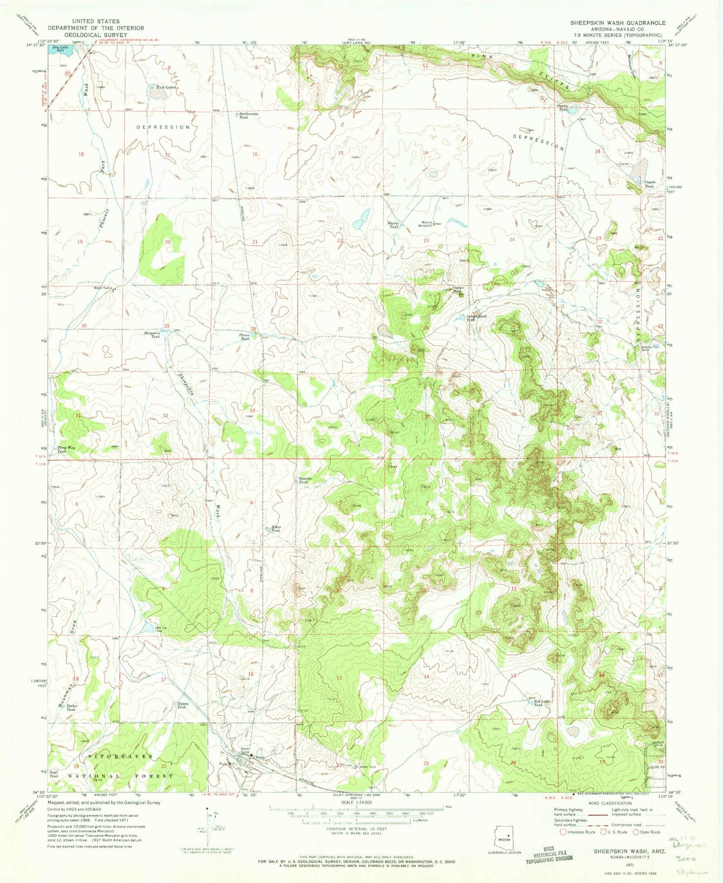 Classic USGS Sheepskin Wash Arizona 7.5'x7.5' Topo Map Image