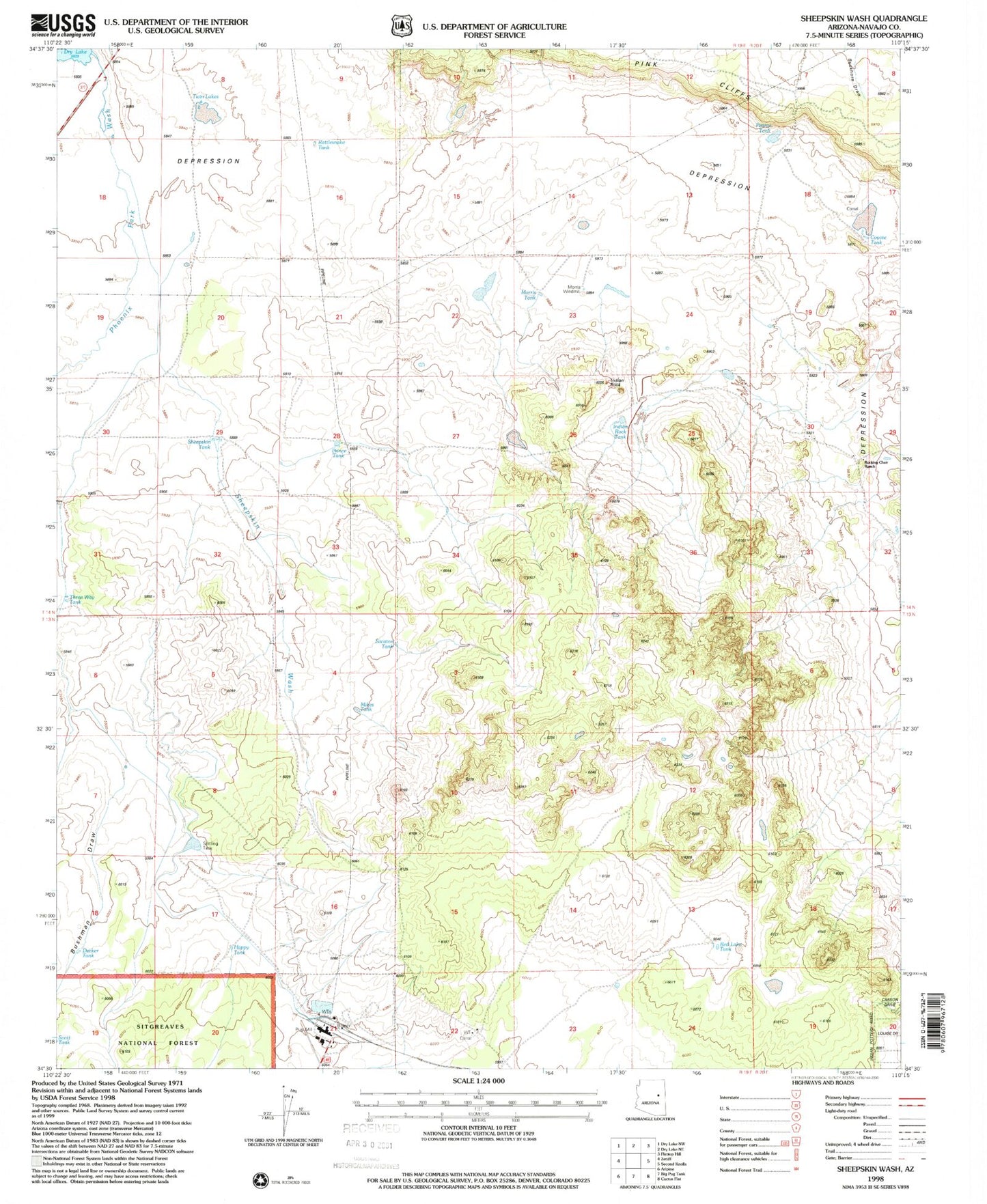 Classic USGS Sheepskin Wash Arizona 7.5'x7.5' Topo Map Image