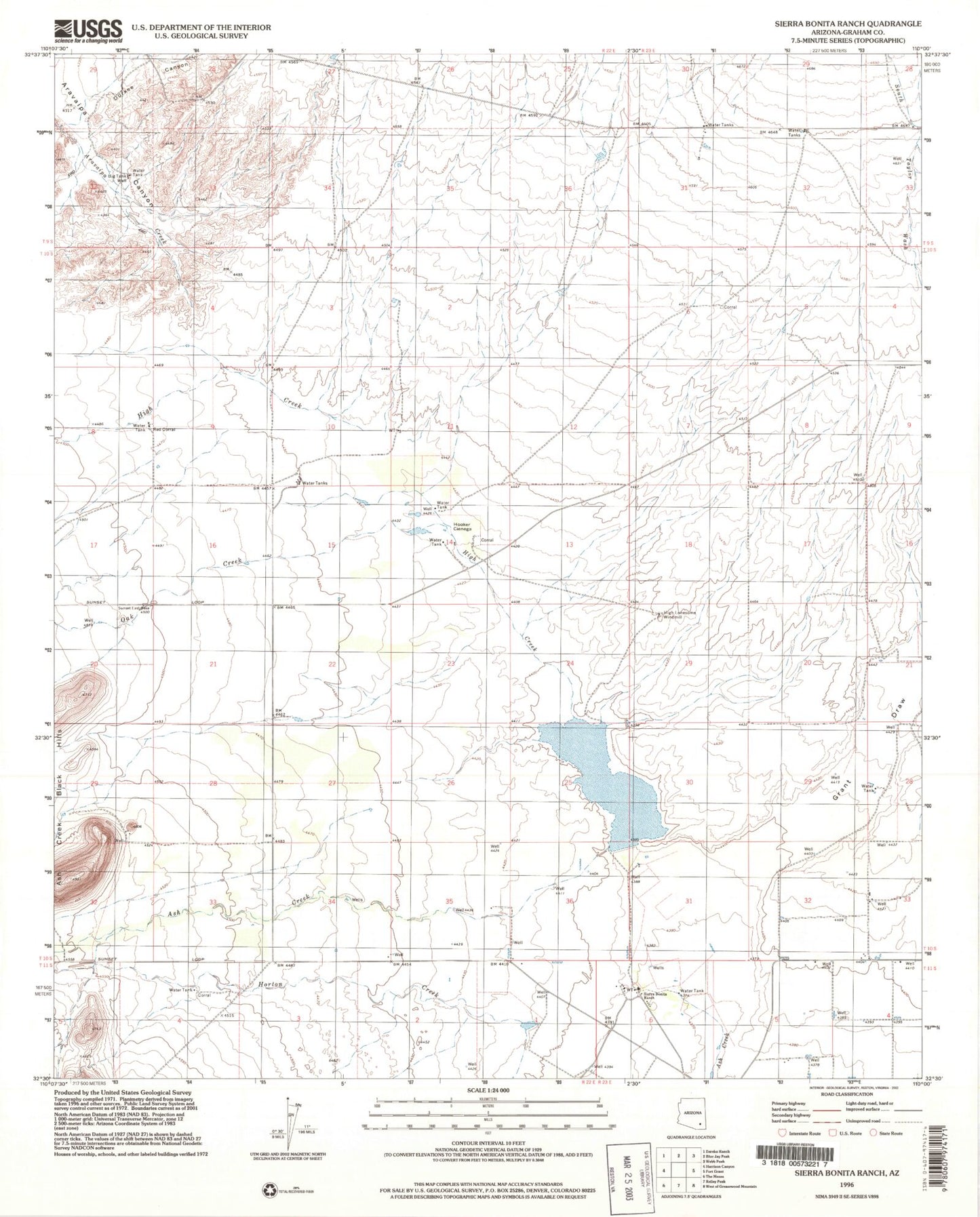Classic USGS Sierra Bonita Ranch Arizona 7.5'x7.5' Topo Map Image