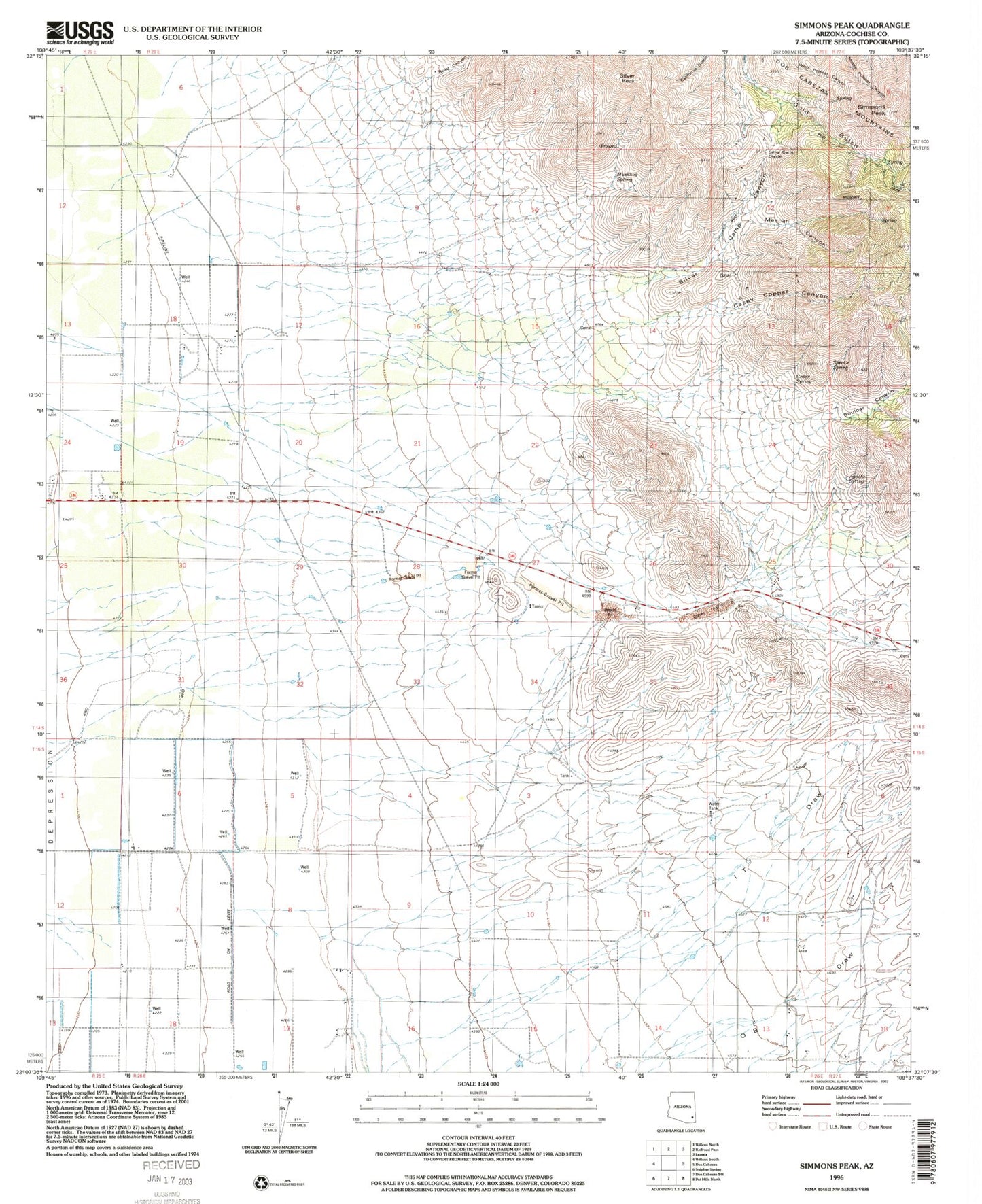 Classic USGS Simmons Peak Arizona 7.5'x7.5' Topo Map Image