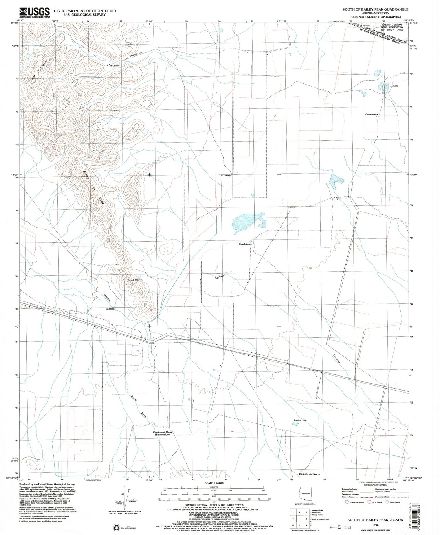 Classic USGS South of Bailey Peak Arizona 7.5'x7.5' Topo Map Image
