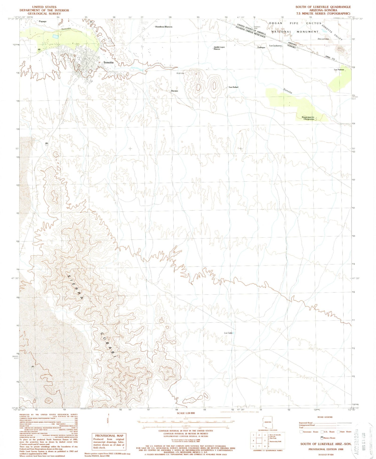 Classic USGS South of Lukeville Arizona 7.5'x7.5' Topo Map Image