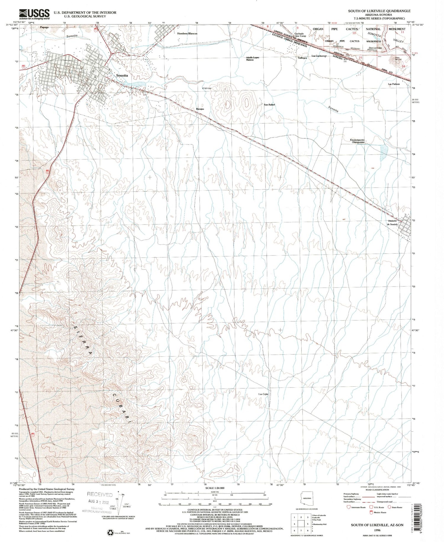Classic USGS South of Lukeville Arizona 7.5'x7.5' Topo Map Image