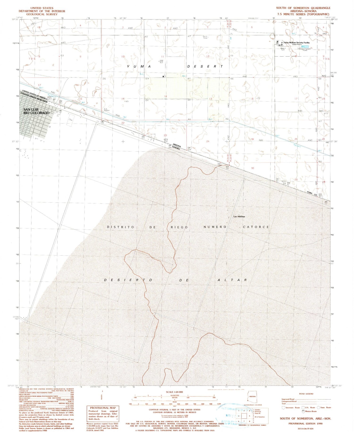 Classic USGS South of Somerton Arizona 7.5'x7.5' Topo Map Image