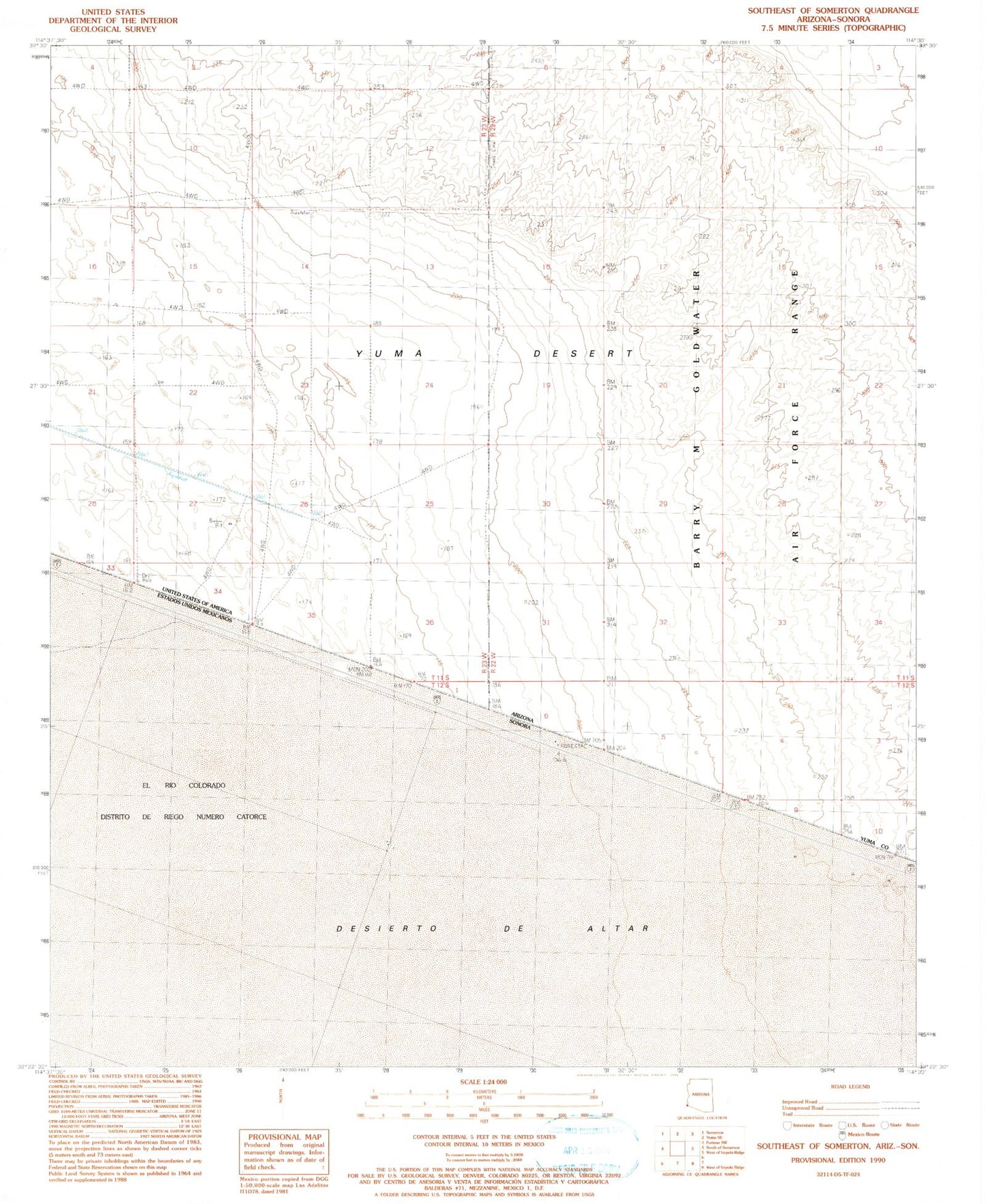 Classic USGS Southeast of Somerton Arizona 7.5'x7.5' Topo Map Image