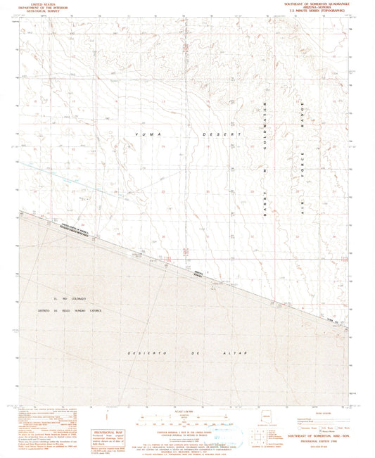 Classic USGS Southeast of Somerton Arizona 7.5'x7.5' Topo Map Image