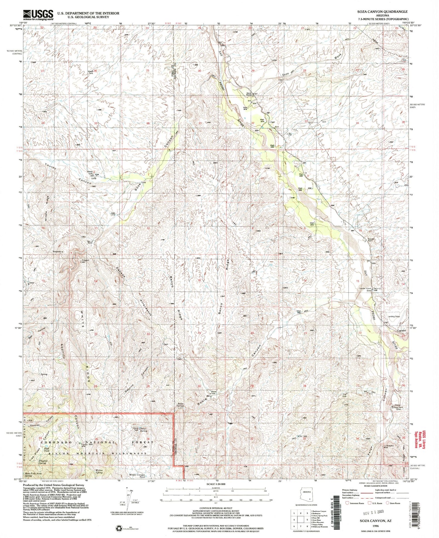 Classic USGS Soza Canyon Arizona 7.5'x7.5' Topo Map Image