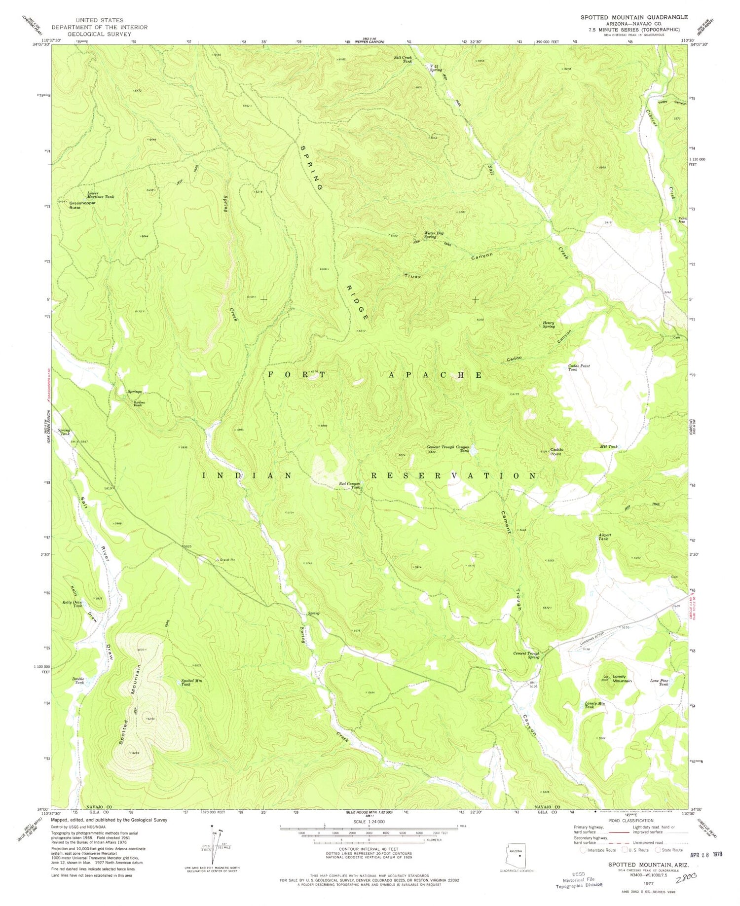 Classic USGS Spotted Mountain Arizona 7.5'x7.5' Topo Map Image