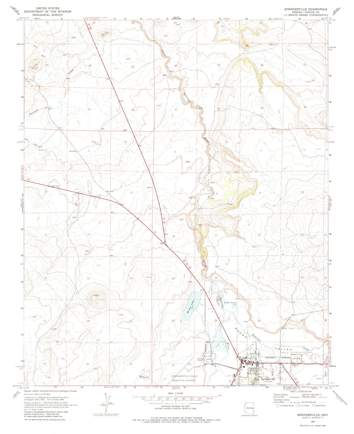 Classic USGS Springerville Arizona 7.5'x7.5' Topo Map Image
