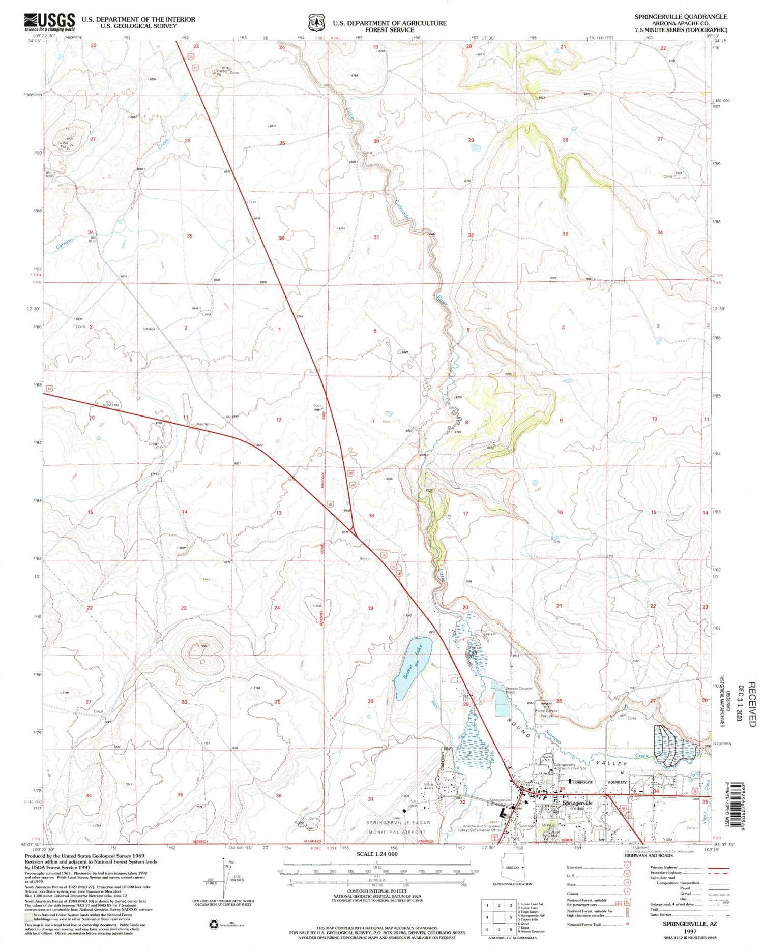 Classic USGS Springerville Arizona 7.5'x7.5' Topo Map Image