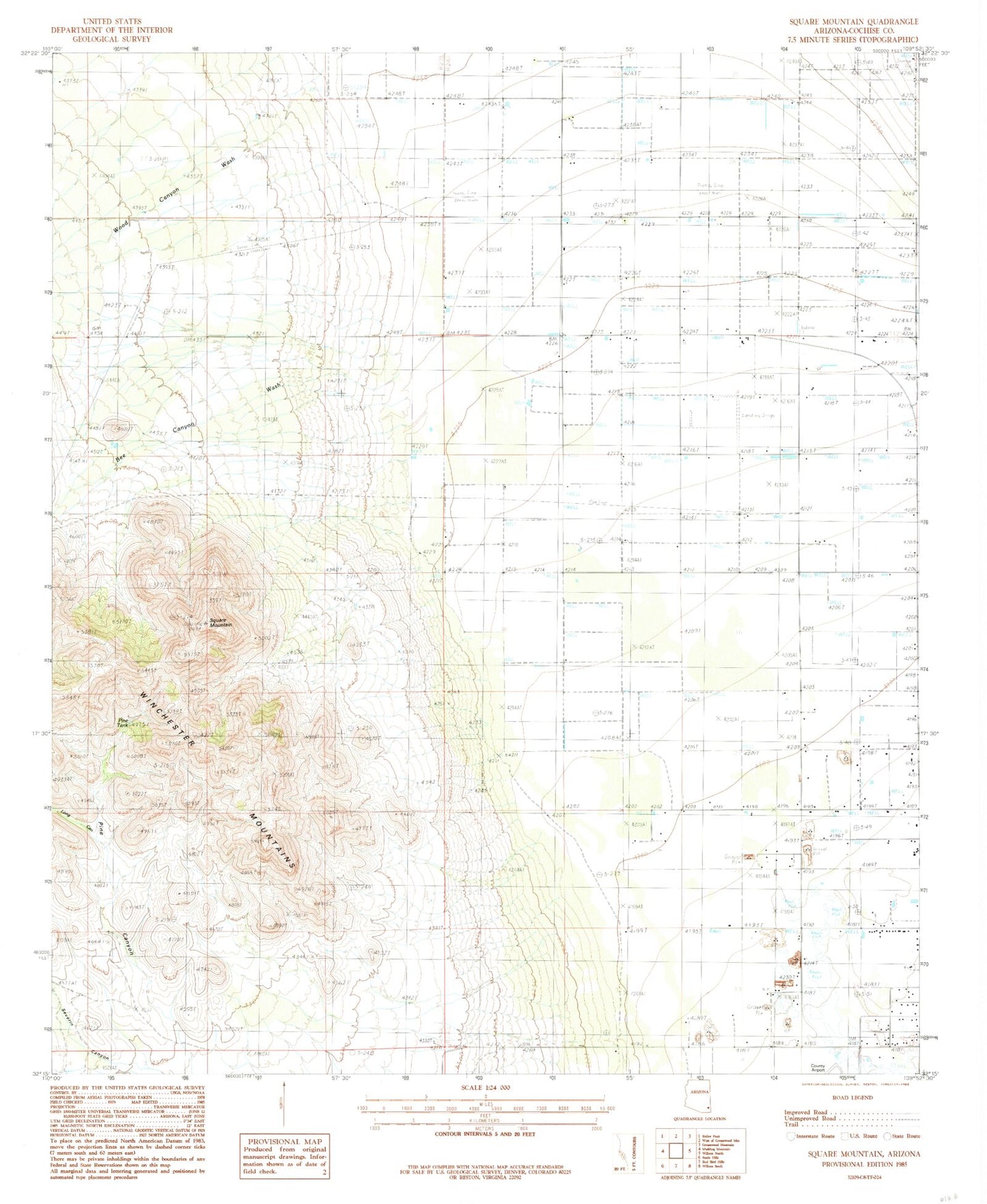 Classic USGS Square Mountain Arizona 7.5'x7.5' Topo Map Image