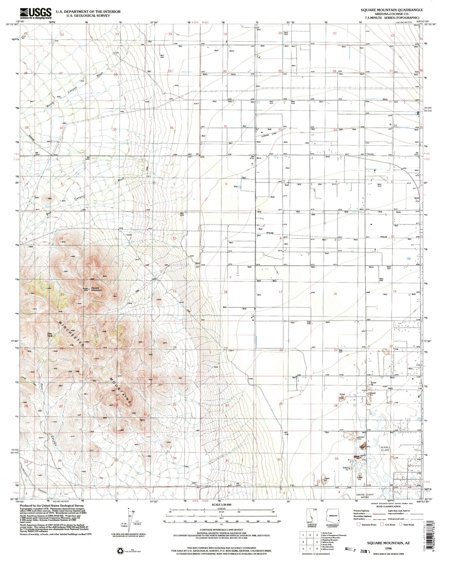 Classic USGS Square Mountain Arizona 7.5'x7.5' Topo Map Image