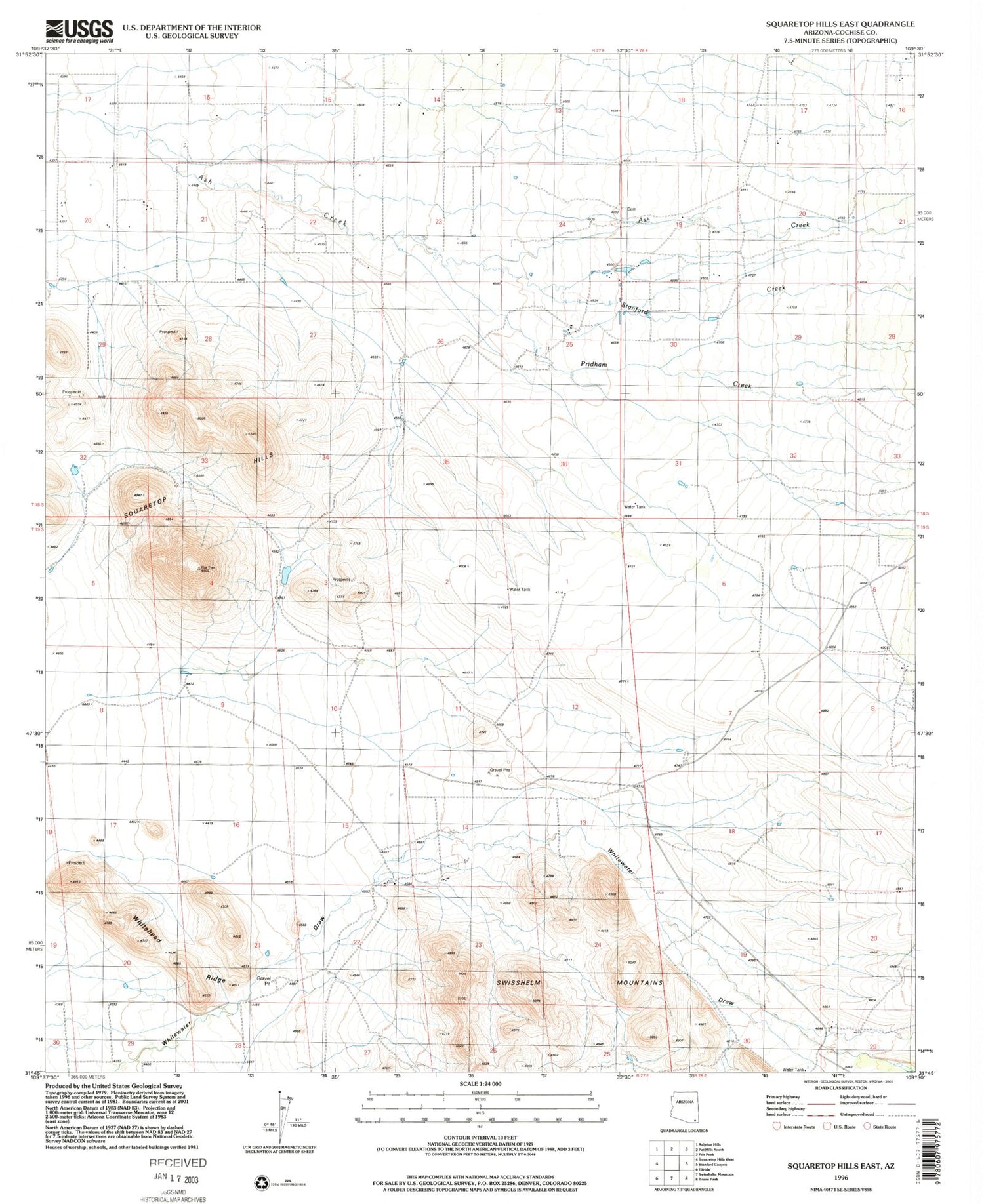Classic USGS Squaretop Hills East Arizona 7.5'x7.5' Topo Map Image