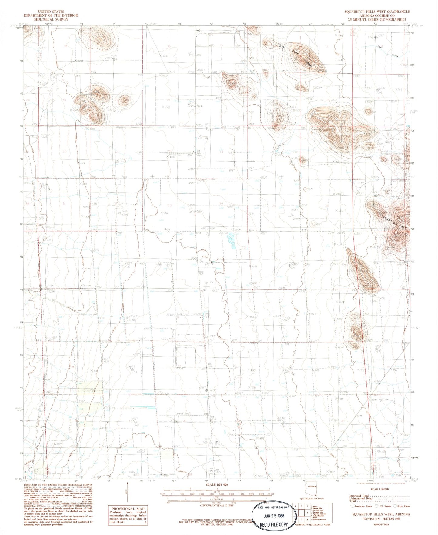 Classic USGS Squaretop Hills West Arizona 7.5'x7.5' Topo Map Image