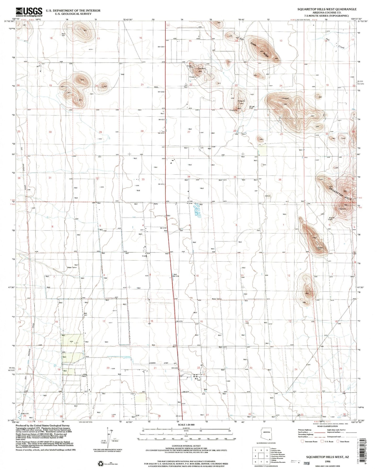 Classic USGS Squaretop Hills West Arizona 7.5'x7.5' Topo Map Image