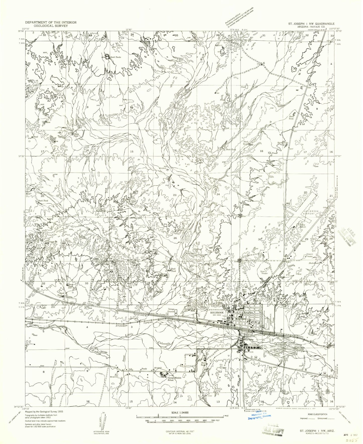 Classic USGS Holbrook Arizona 7.5'x7.5' Topo Map Image