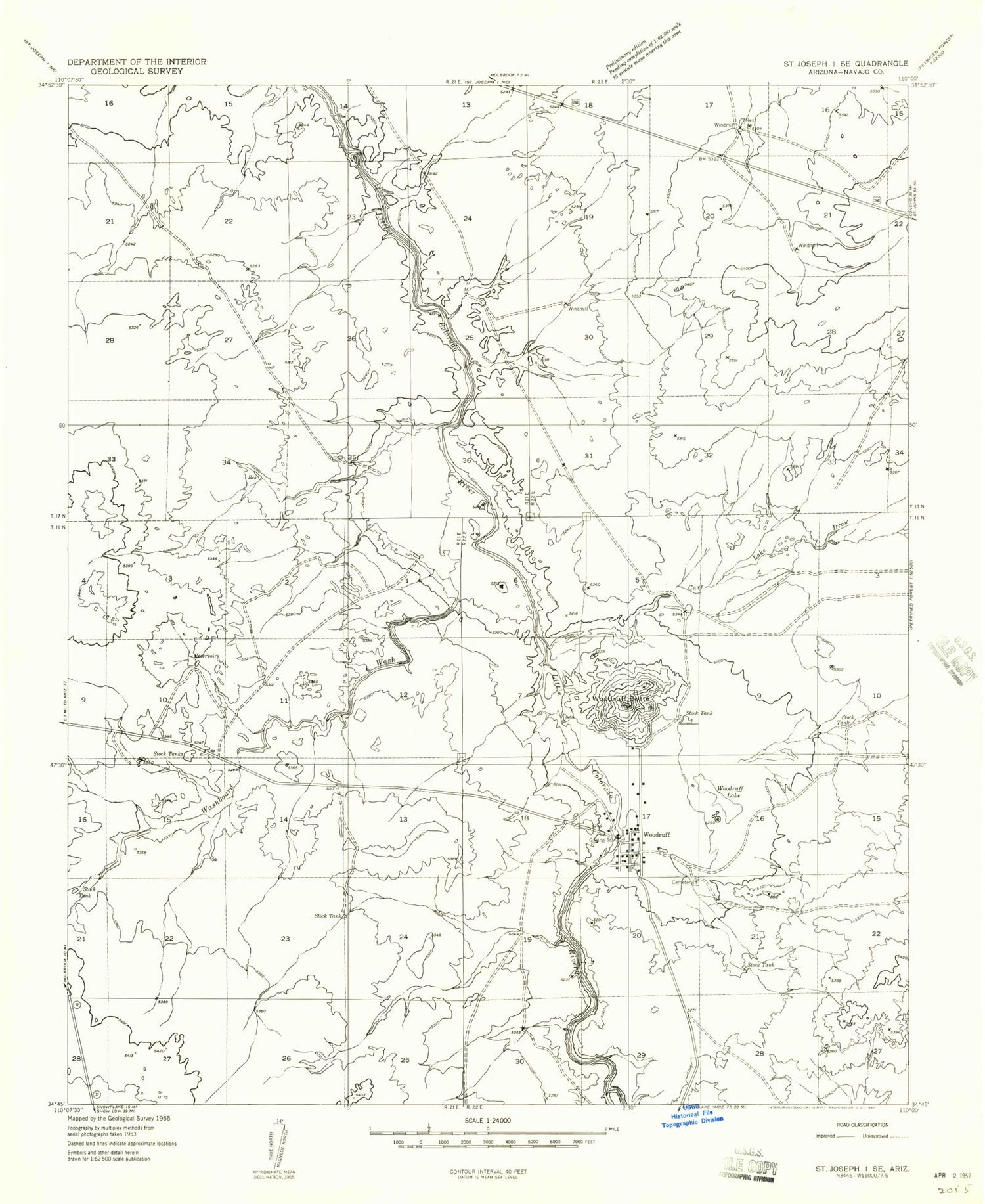 Classic USGS Woodruff Arizona 7.5'x7.5' Topo Map Image