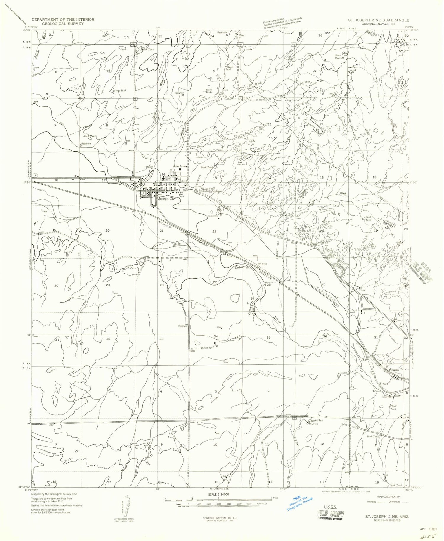 Classic USGS Joseph City Arizona 7.5'x7.5' Topo Map Image