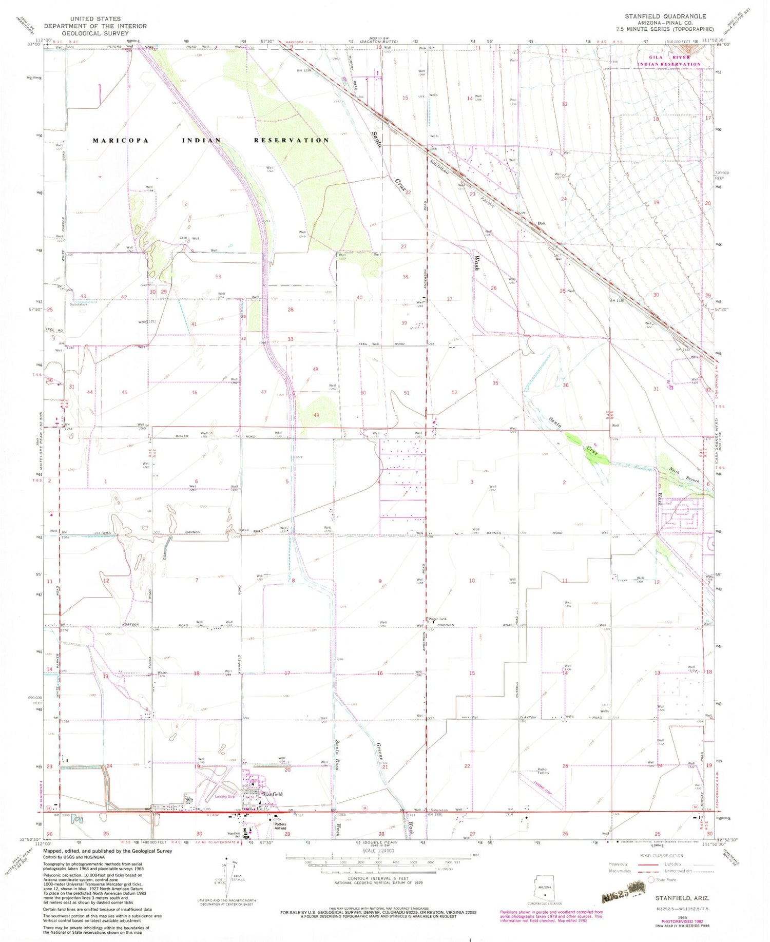 Classic USGS Stanfield Arizona 7.5'x7.5' Topo Map Image