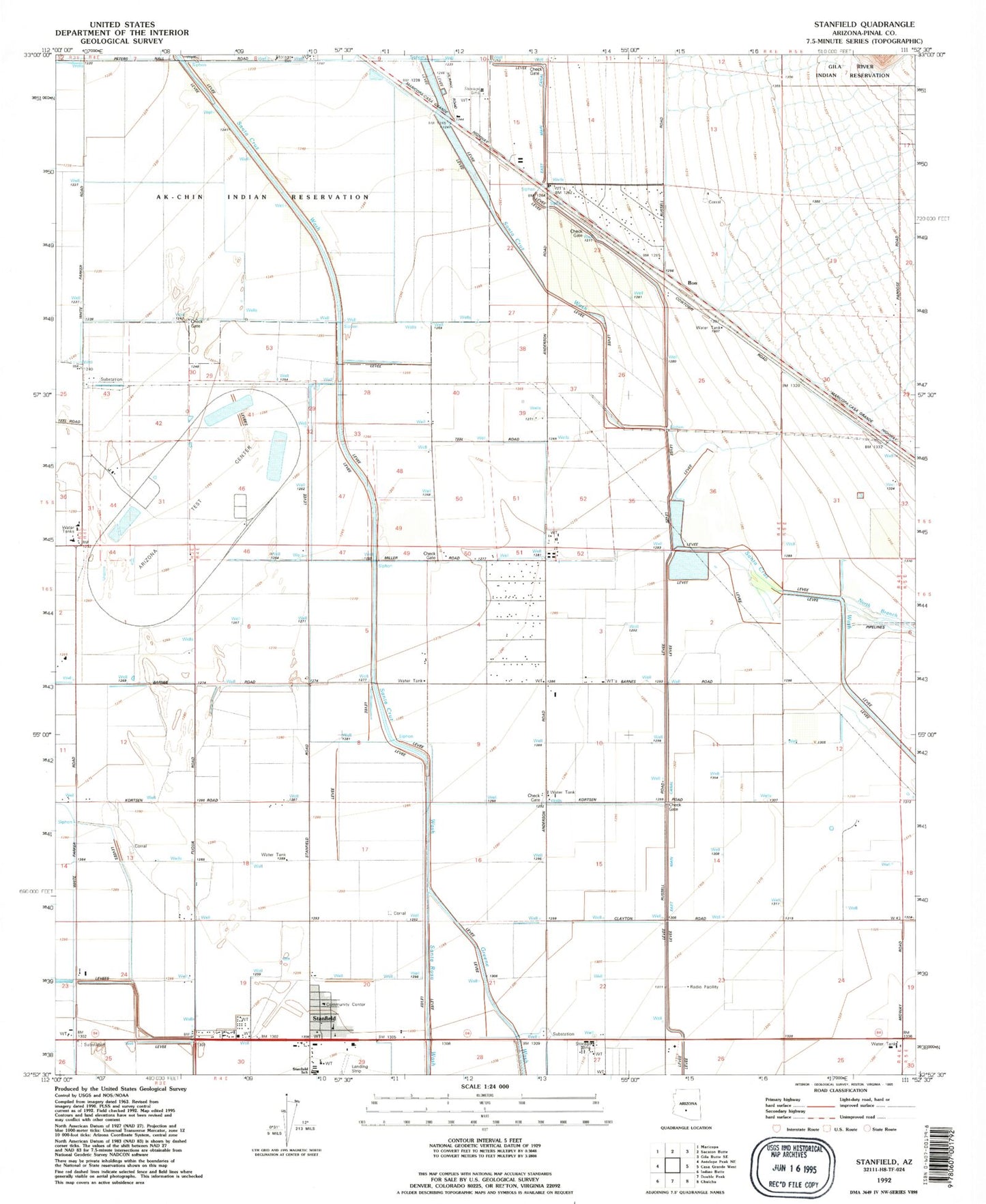 Classic USGS Stanfield Arizona 7.5'x7.5' Topo Map Image